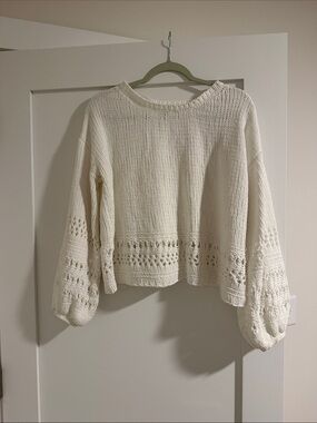 Women's Cream Crochet-Border Knit Sweater